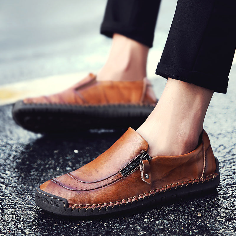 Men's Genuine Leather Slip-On Loafers with Zipper