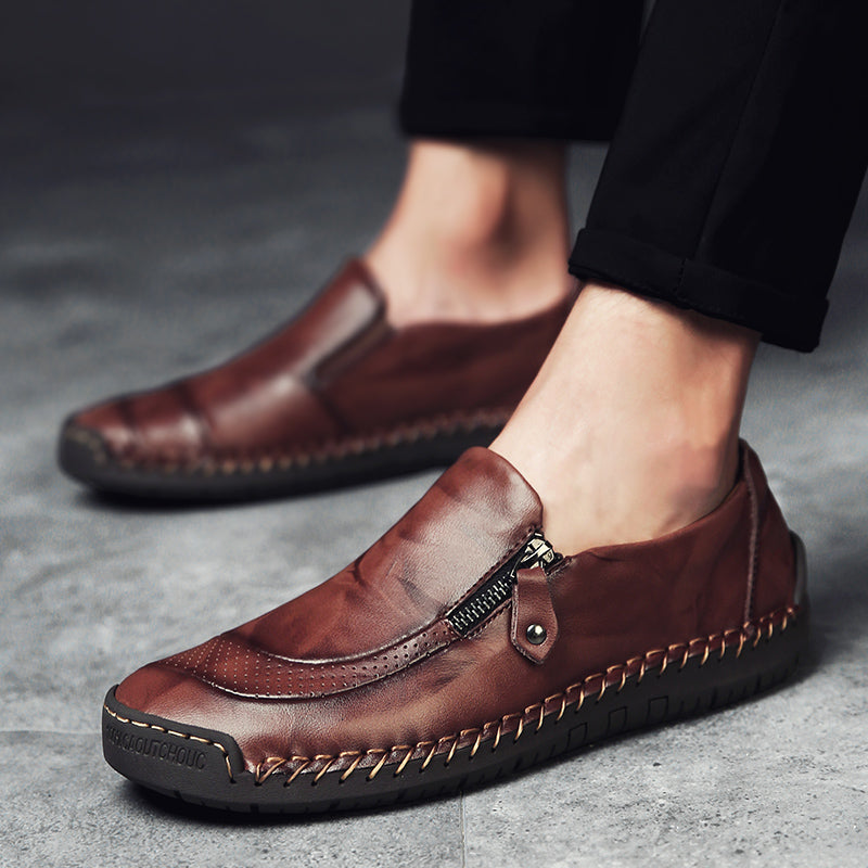 Men's Genuine Leather Slip-On Loafers with Zipper