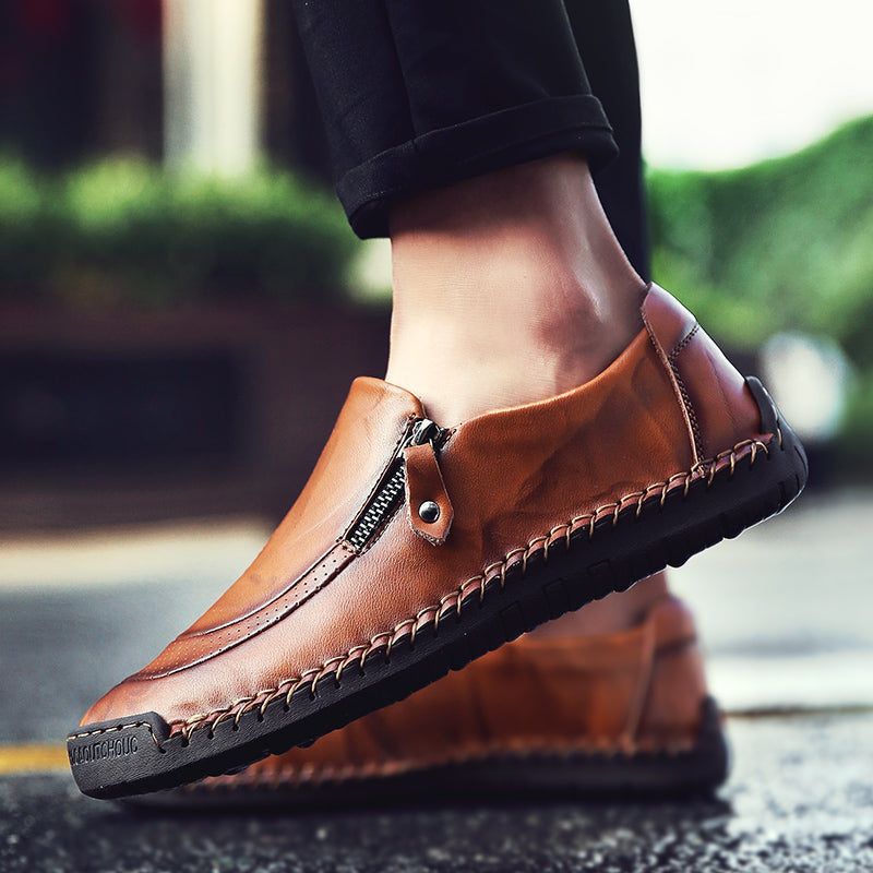 Men's Genuine Leather Slip-On Loafers with Zipper