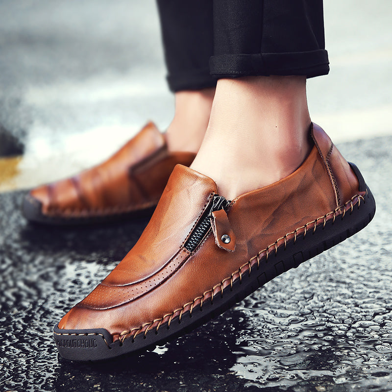 Men's Genuine Leather Slip-On Loafers with Zipper