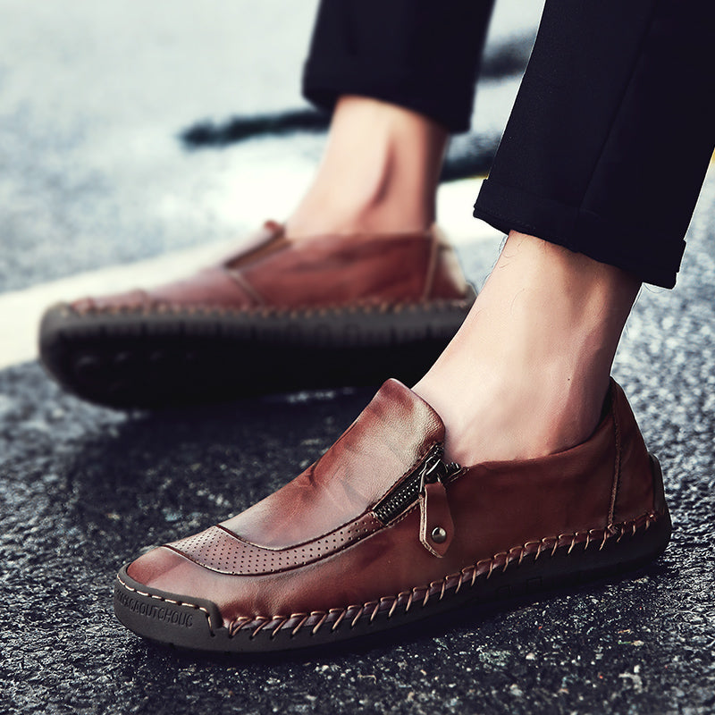 Men's Genuine Leather Slip-On Loafers with Zipper
