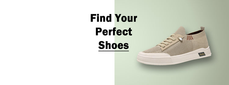 Beige sneaker on a light green background with text 'Find Your Perfect Shoes'.